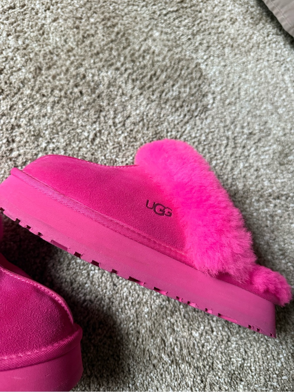 UGG Women's Hot Pink Suede Shearling Cuff Slippers - Picture 3 of 3